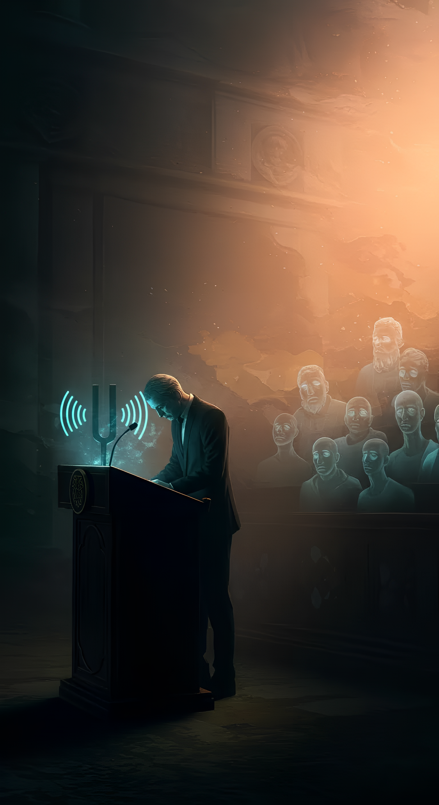 social ghostwriting 1_result A powerful illustration of transformation for social ghostwriting: A dark, shadowy space with a silent podium symbolizing invisibility and overwhelm. A hunched figure behind it struggles to be heard. A glowing tuning fork strikes, sending vibrant sound waves rippling outward, illuminating the scene. The podium now shines, the figure stands tall with determination, radiating trust. A luminous audience emerges, connected and hopeful, as the background shifts from stormy gray to serene dawn glow, symbolizing clarity and renewal. The journey from isolation to impactful visibility unfolds, embodying authority and emotional resonance for mental health expertise.