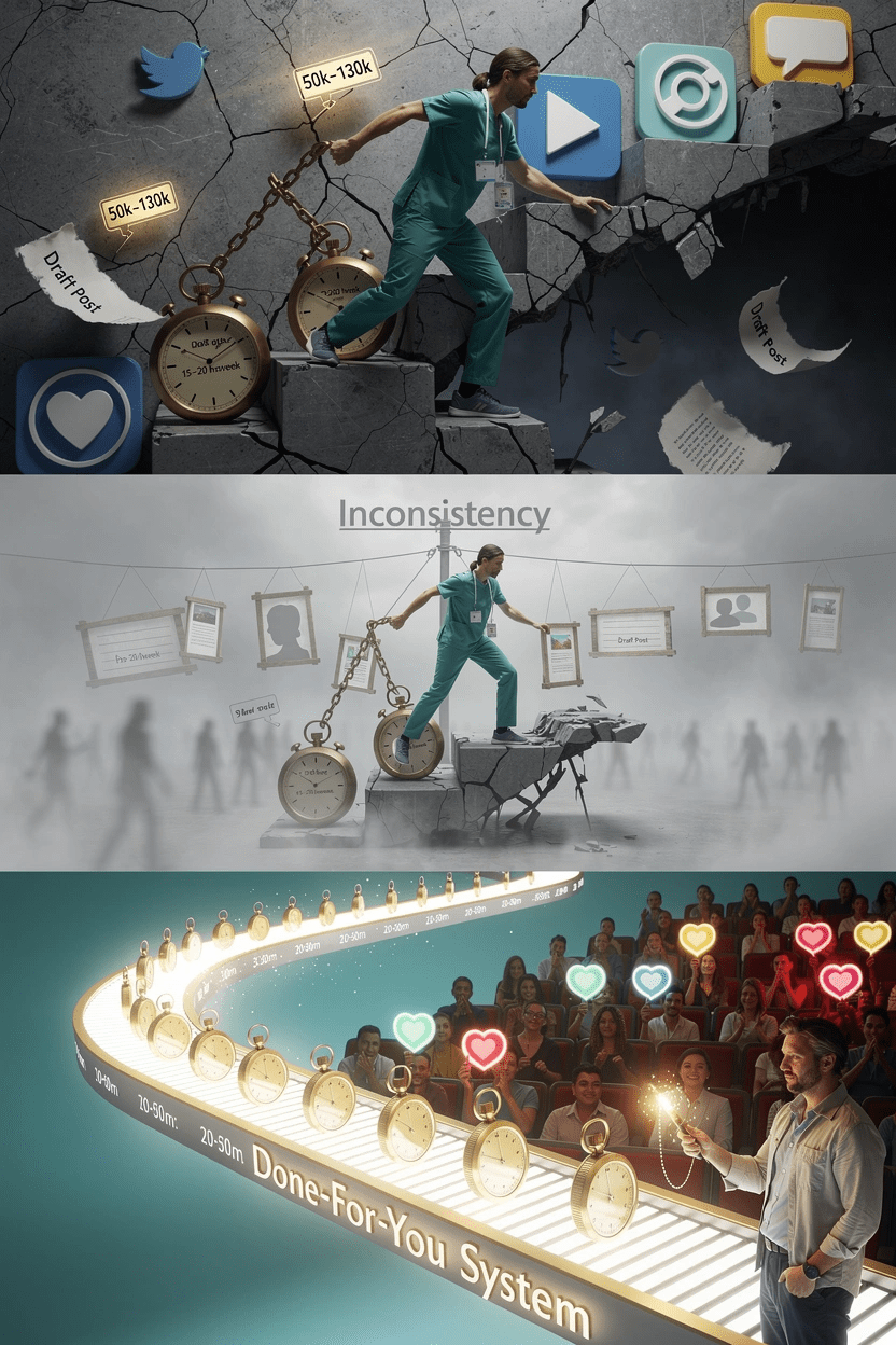 social ghostwriting 2 A striking vertical illustration for social ghostwriting, content writer, and mental health writer services: A weary clinician drags heavy clocks and price tags up a crumbling staircase of social media icons, symbolizing the burden of 15–20 hours weekly and<br />50<br />k<br />–<br />50k–130k yearly costs. Mid-frame, inconsistency looms as broken posts scatter and ghostly followers drift away. Below, a glowing conveyor marked with 30–60-minute intervals transforms clocks into golden stopwatches, the clinician into a confident guide, leading to an engaged audience holding heart-shaped likes. Background shifts from stormy gray to calming teal with a rising sun, embodying renewed time and trust. This visual captures the pain of DIY content struggles and the relief of a done-for-you system for mental health expertise.