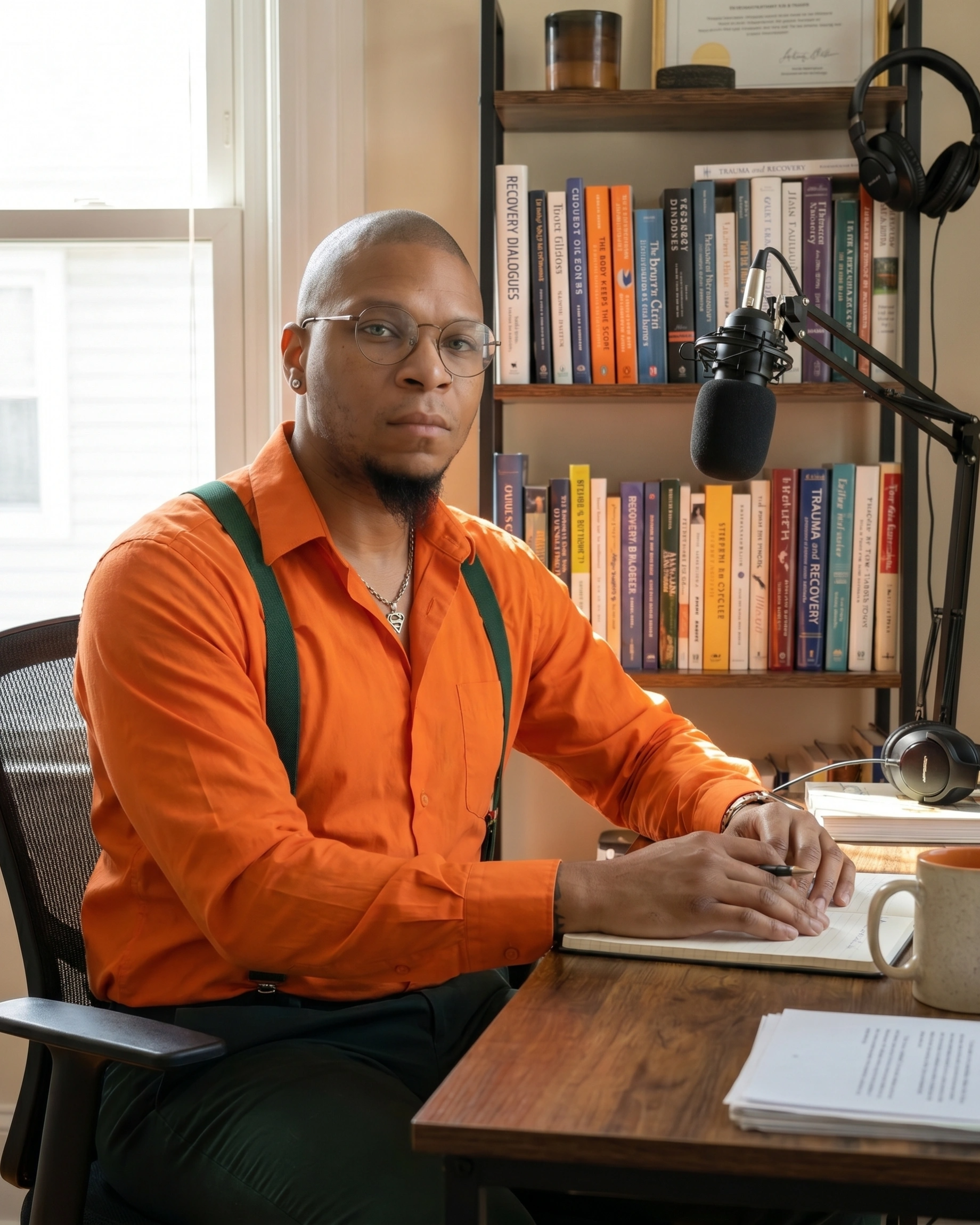 Antonio Matta, mental health ghostwriter and founder of Content Done Write, seated in a working environment with books and podcast microphone visible — clinical content writer, ghostwriter for therapists, trauma-informed content writing, behavioral health ghostwriting services
