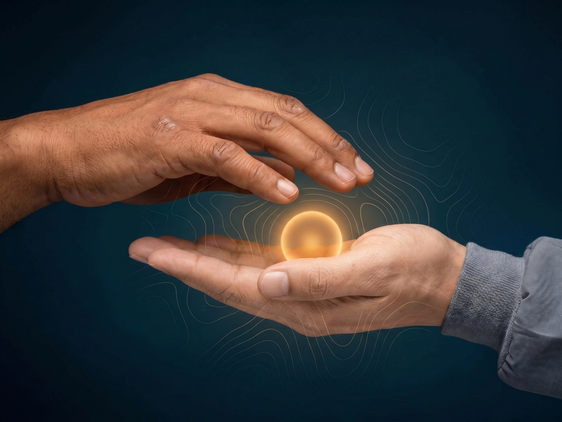 Two hands exchanging a glowing orb of light against a dark teal background with topographic map lines — symbolizing the translation of clinical expertise and lived experience into mental health content, by Antonio Matta, mental health ghostwriter and content creator.