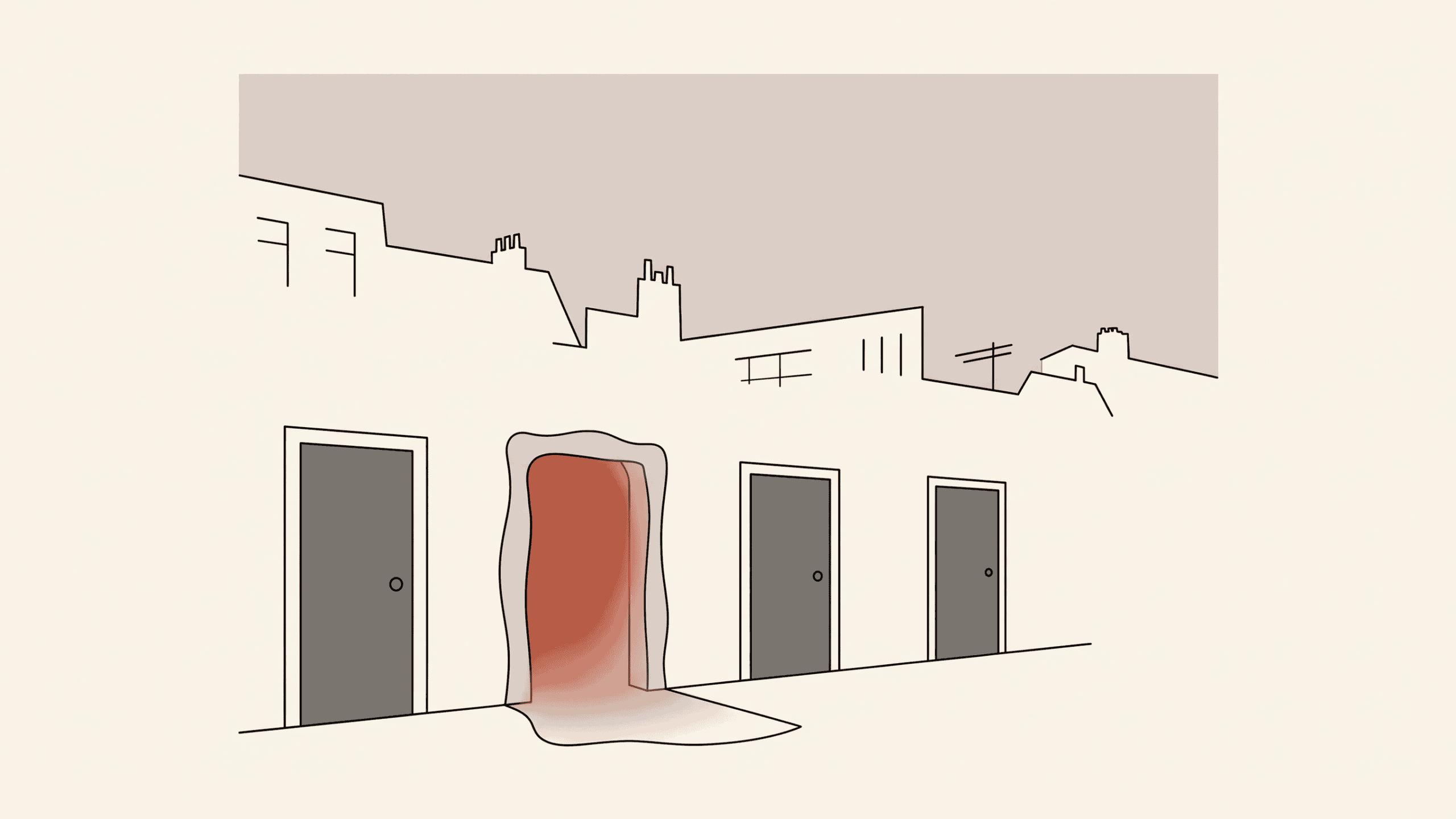 A single doorway glows with warm porch light along a row of unlit, identical doors on a quiet dusk street. It doesn't need to be the biggest or the loudest, it's simply the one someone tired and still searching would recognize.